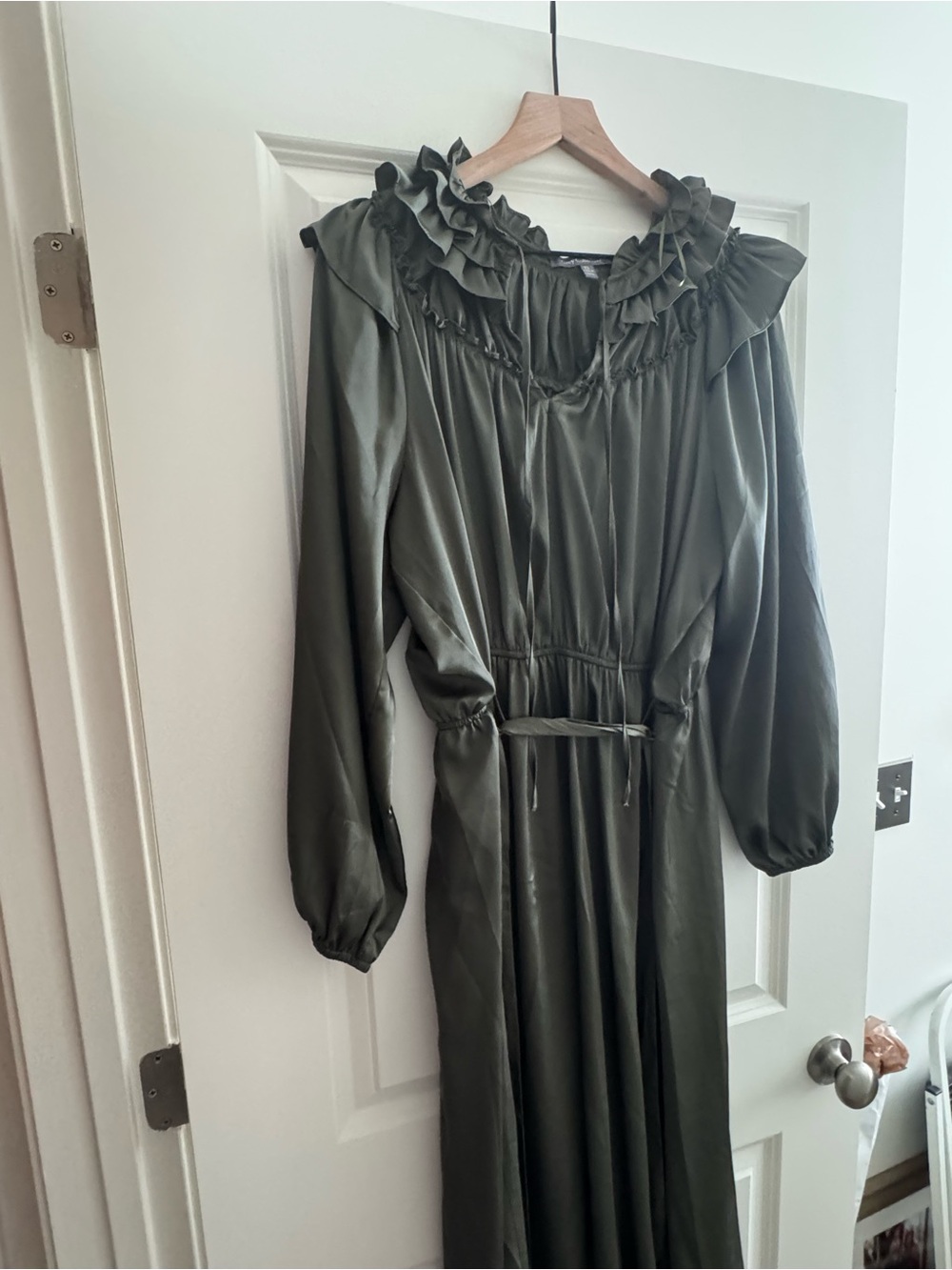Olive Green Long Sleeve Ruffle Neck Dress